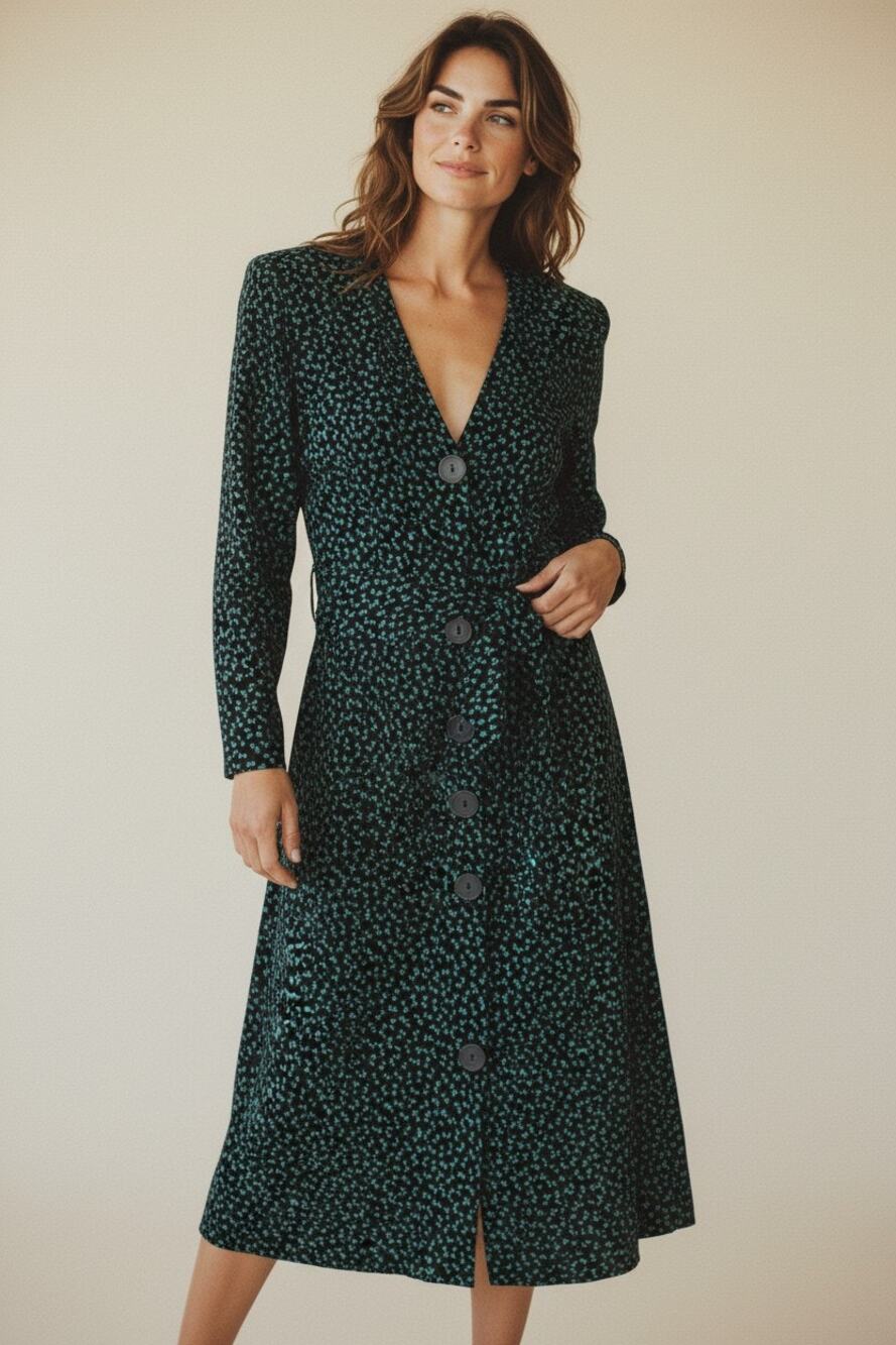 10 L Dress Vintage 80's long-sleeve, button-front midi vintage 40's retro teal